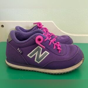 Retro Purple New Balance 501 Toddler size 9 with no-tie curly shoe laces